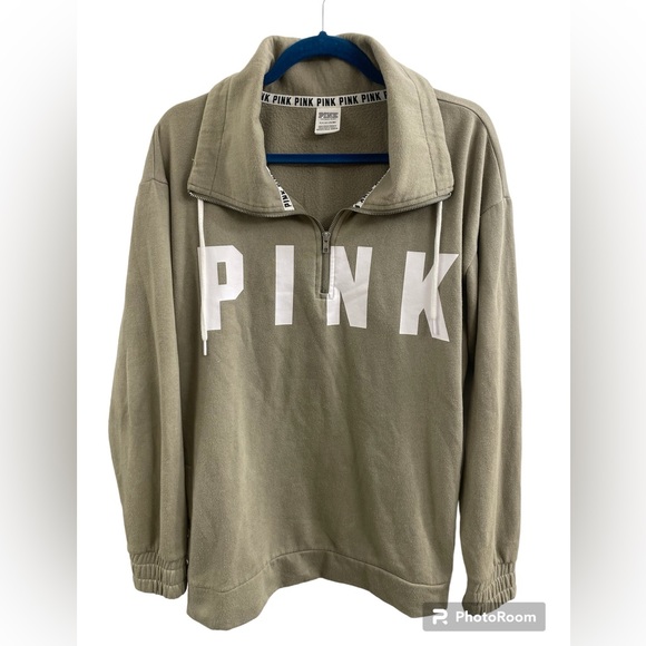Victoria Secret Pink Olive Green Slouchy Graphic Lace Up Sz Oversized (Small) - Picture 1 of 5